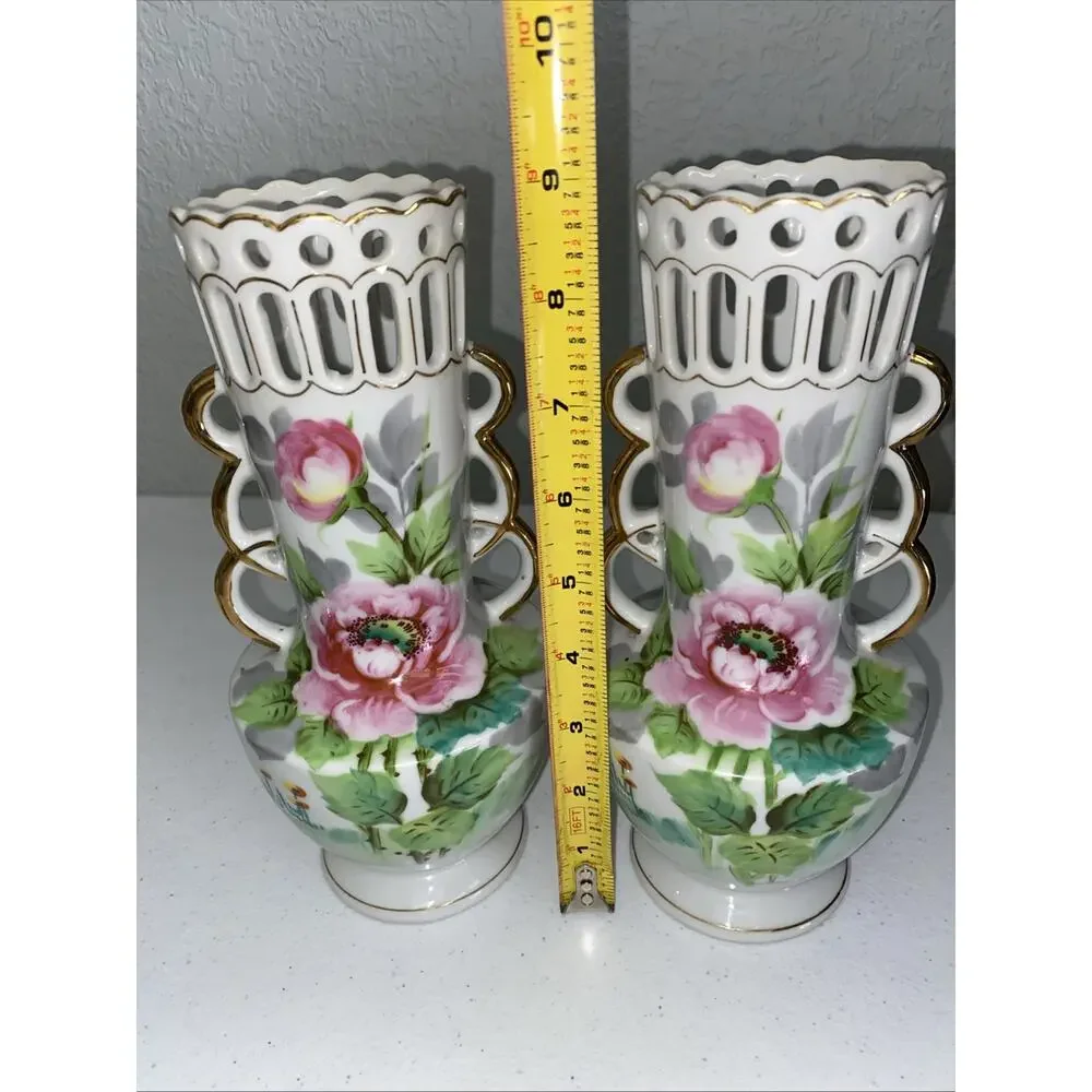VTG Double Handled Floral Vase 9” Set Of 2‎ Hand Painted Made In Occupied Japan